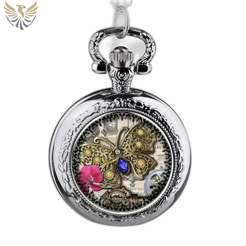 Montre collier Papillon avec pierres précieuses, montre pendentif en argent