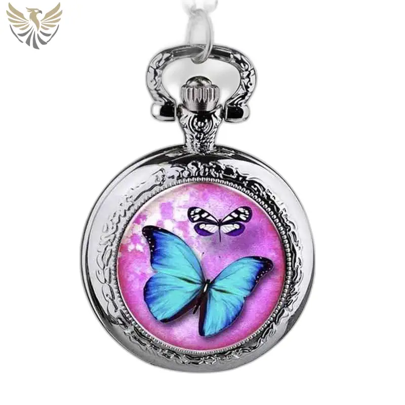 Montre Collier Papillon Rose et Bleutée avec design de papillon en argent
