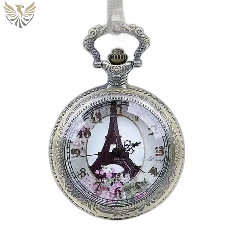 Montre Collier Paris avec Cadran Analogique Fleurs et Tour Eiffel en montre poche
