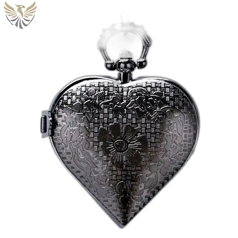 Montre Collier Pendentif Cœur Argent Noir, montre collier en métal gravé floral
