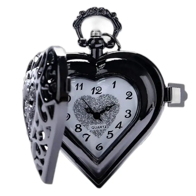 Montre Collier Pendentif Cœur Argent Noir avec montre collier en forme de cœur