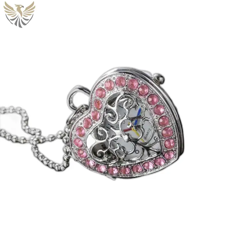 Montre collier pendentif en cœur ornée de diamants rose et pierres rhinestones