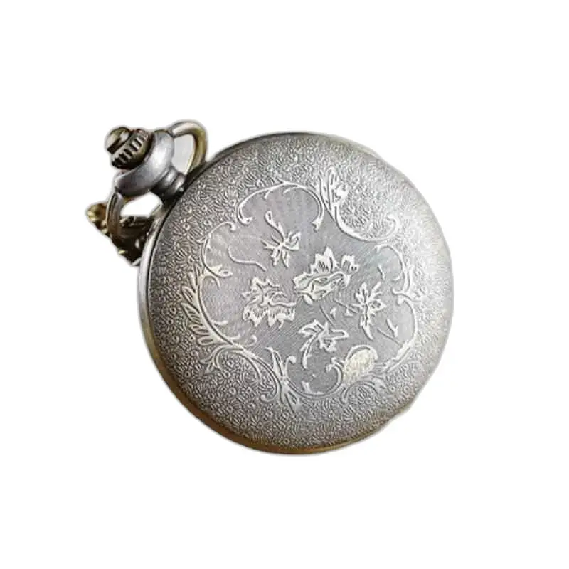 Montre collier pendentif Fleurie avec cadran transparent et gravure florale argentée