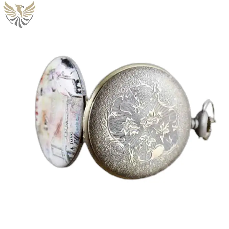 Montre Collier Pendentif Fleurie avec cadran transparent et gravure florale en argent