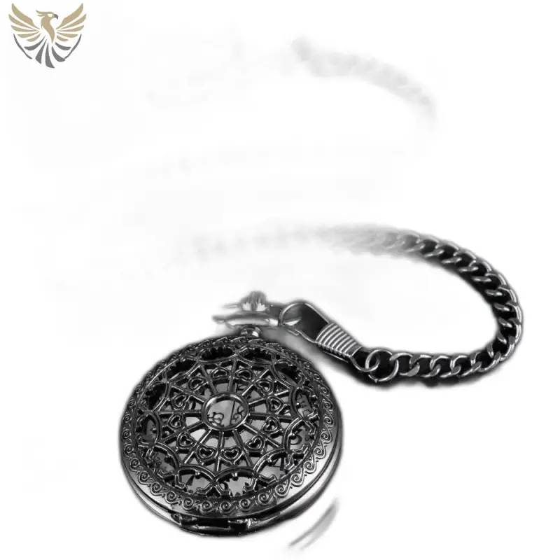 Montre Collier Quartz Noir Femme Steampunk avec chaîne et design orné en métal