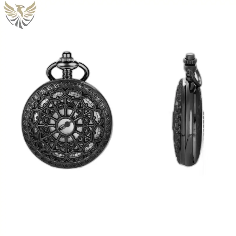 Montre Collier Quartz Noir Femme Steampunk ornée de noir et élégante