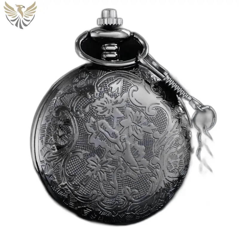 Montre Collier Quartz Noir Femme Steampunk avec une montre de poche en argent ornée