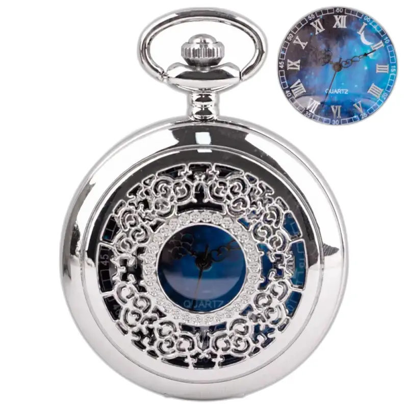 Montre Collier Romantic Royal Bleu Argent Femme avec montre à gousset en argent ornée