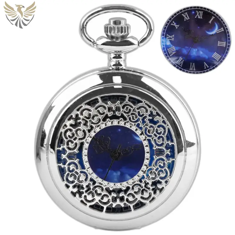 Montre collier Romantic Royal Bleu Argent Femme avec montre à gousset en argent orné