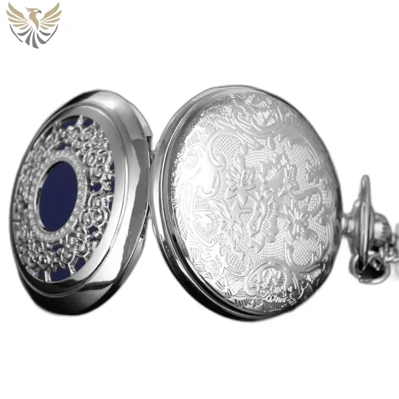 Montre collier Romantic Royal Bleu avec gravure florale en argent