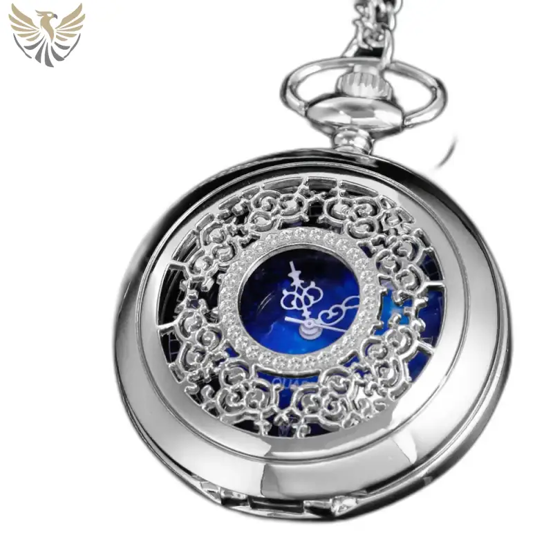 Montre Collier Romantic Royal Bleu Argent Femme avec montre pocket ornée en argent
