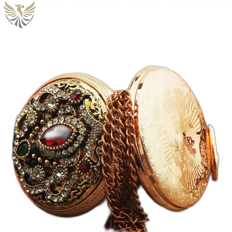 Montre collier vintage Chic Pendentif Or avec une chaîne et des joyaux ornés