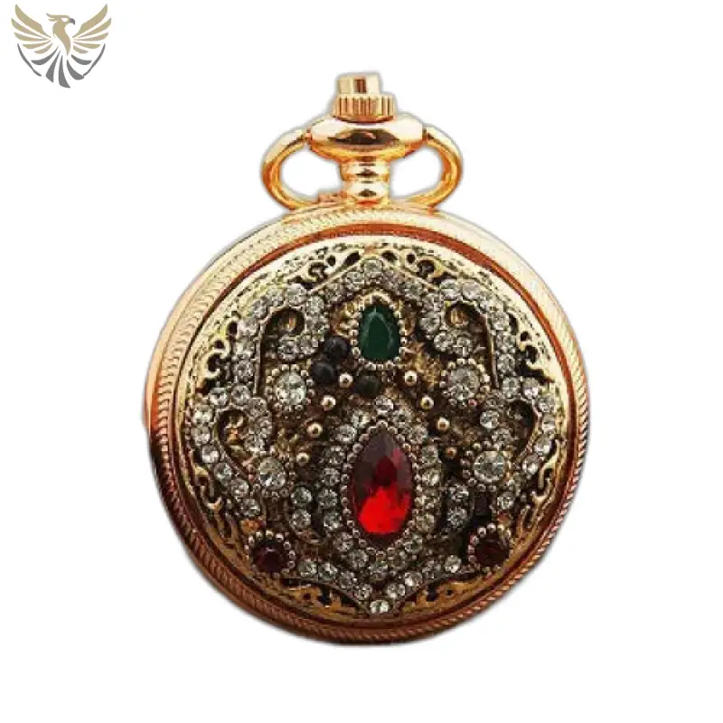 Montre Collier Vintage Chic Pendentif Or avec une montre de poche en or ornée