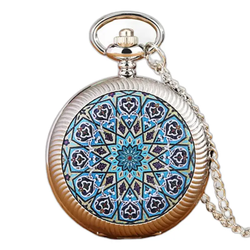 Montre Collier Vintage Fleur Blanche Or avec mécanisme à quartz et design mosaïque bleu
