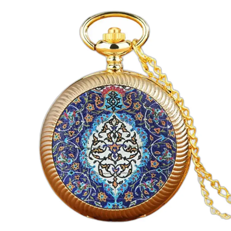 Montre Collier Vintage Fleur Blanche Or avec mécanisme à quartz et design floral bleu