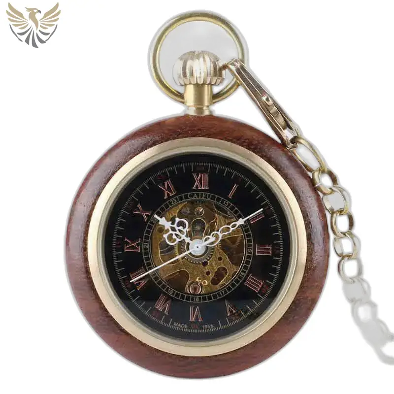 Montre de Poche à Gousset Bois Bubinga avec mouvements quartz et engrenages visibles