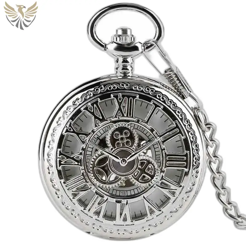 Montre de Poche à Gousset Luxe Diamant D’argent avec chaîne, design squeletté élégant