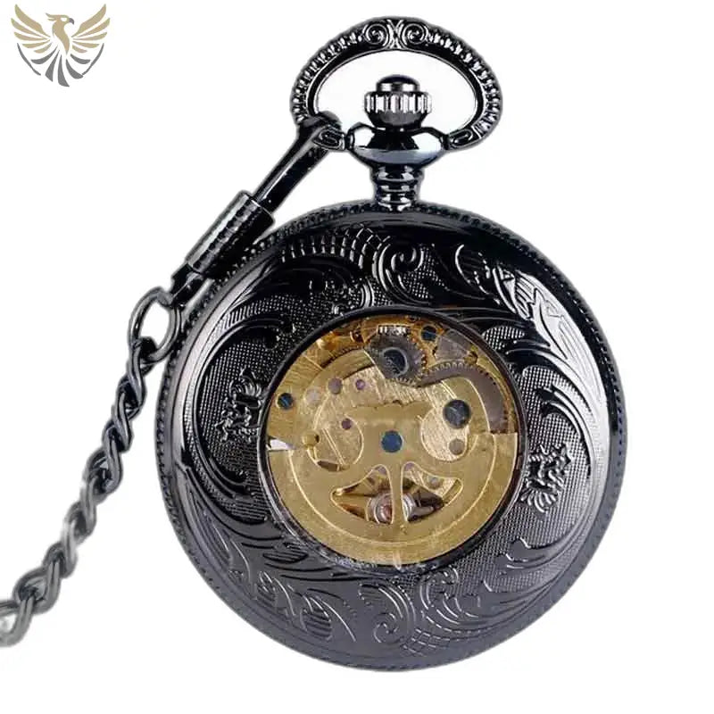 Montre de Poche à Gousset Steampunk Rhodium avec un design orné en noir