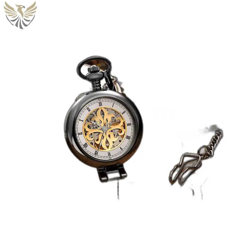 Montre de Poche Exquise Mécanique Homme Or avec chaîne et design squelettique noir et or