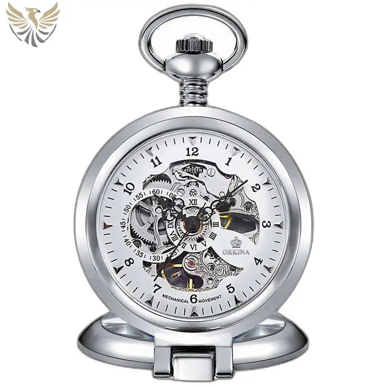Montre de Poche Exquise Mécanique Homme Or avec cadran squelette en ton argent