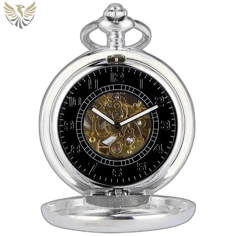 Montre de Poche Luxe Argent Noir avec engrenages visibles pour une élégance intemporelle