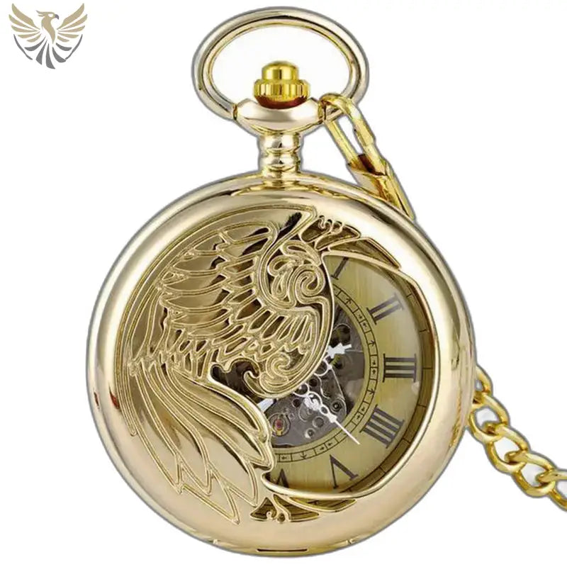 Montre de Poche Luxe Argent Noir avec design de phénix en doré