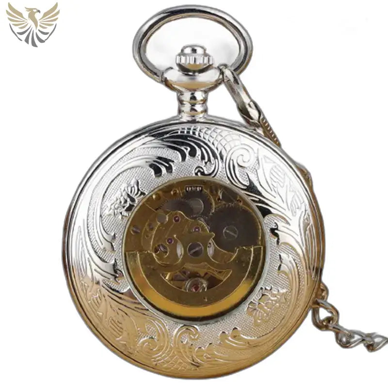 Montre de Poche Luxe Argent Noir avec mécanisme visible en verre minéral