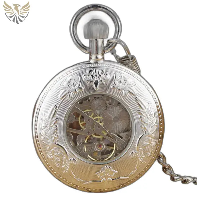 Montre de Poche Luxe Argent Noir Verre Minéral avec cadran argent et or