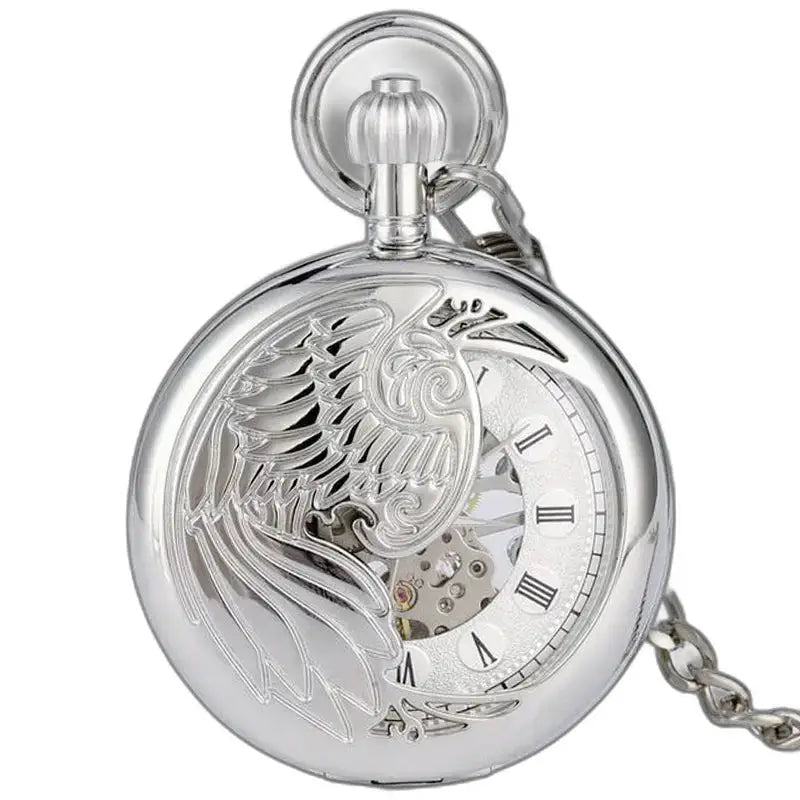 Montre de Poche Luxe Argent Noir avec design d’oiseau et verre minéral