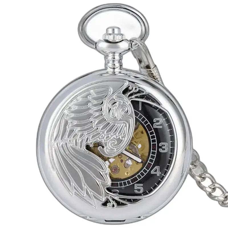 Montre de Poche Luxe Argent Noir avec design d’oiseau élégante et raffinée