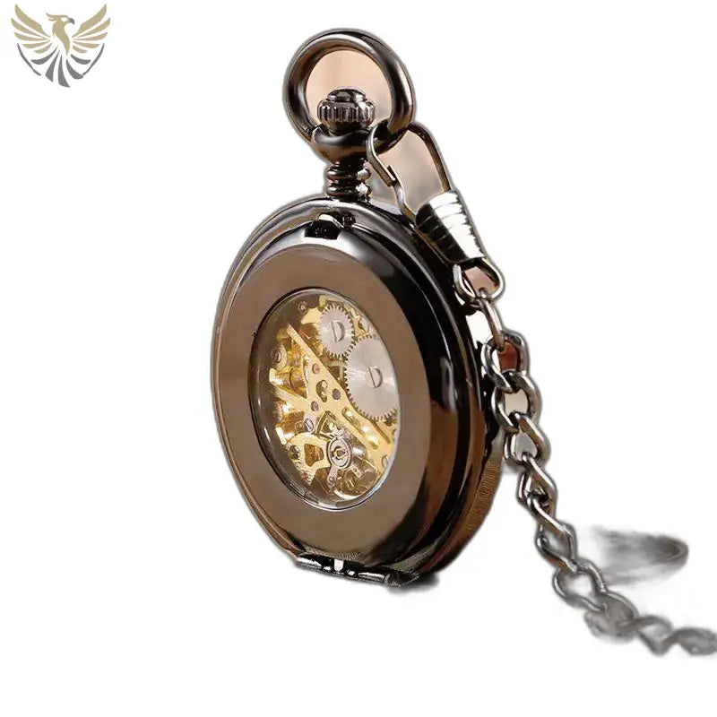 Montre de Poche Luxe Double Clapet Noir avec chiffres romains et chaîne en gunmetal