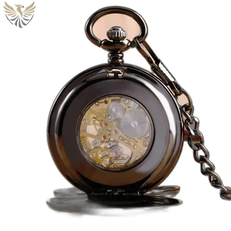 Montre de Poche Luxe Double Clapet Noir avec chiffres romains et mécanisme visible