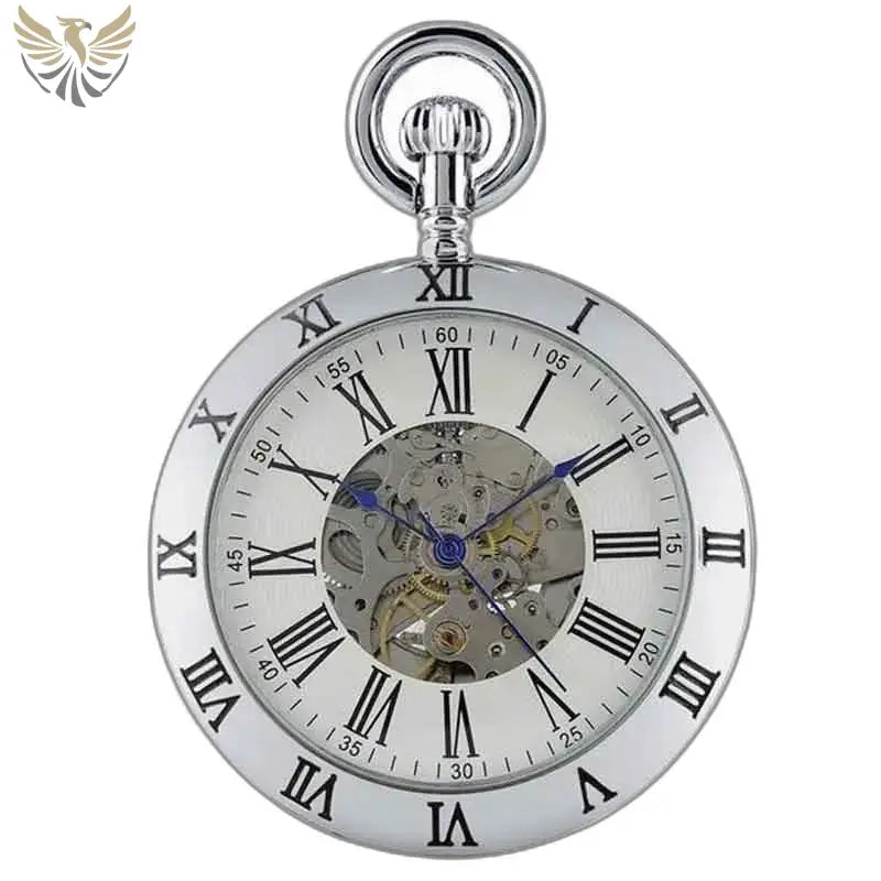 Montre de Poche Luxe Pierre D’argent élégante avec chiffres romains sur un fond argenté