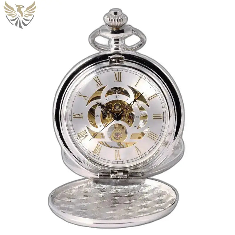 Montre de Poche Mécanique Double Clapet Argent avec mouvement mécanique et gears visibles