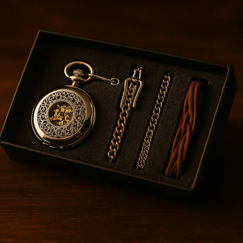 Montre gousset argent luxe avec chaîne et bracelet en cuir dans coffret cadeau