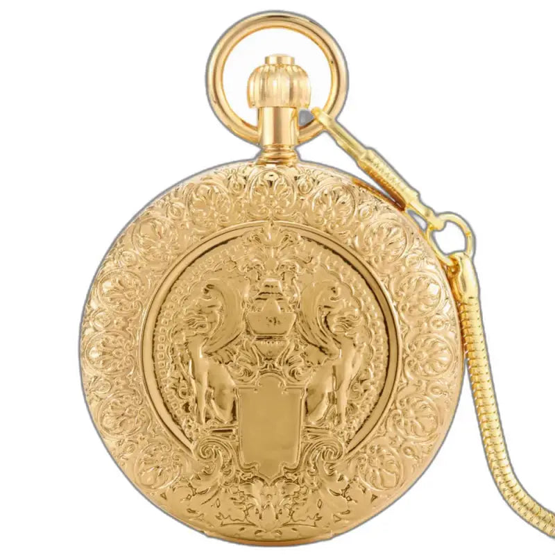 Montre Gousset Double Golden Majesty Chic, montre gousset dorée ornée avec chaîne