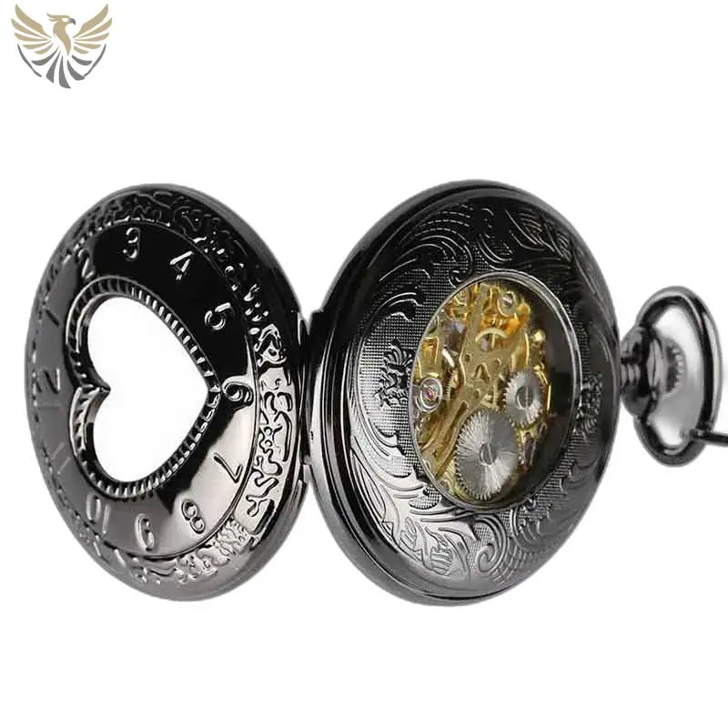 Montre Gousset Femme avec Mécanisme Manuel, montre gousset noire ouverte montrant des rouages