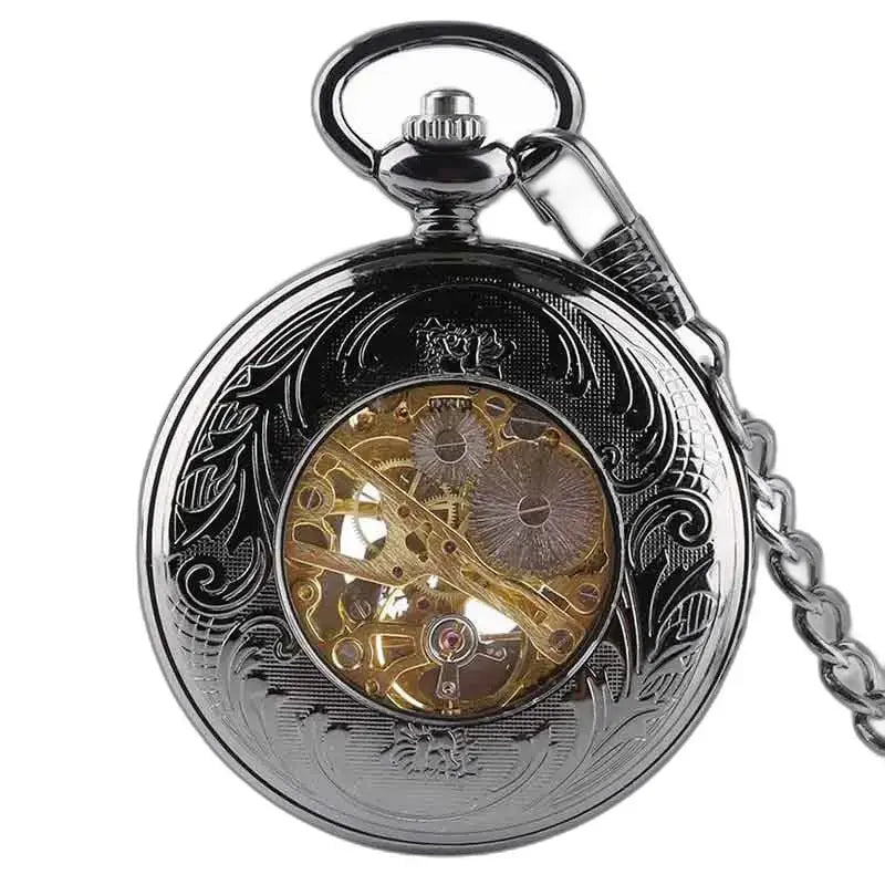 Montre gousset femme avec mécanisme manuel et engrenages visibles en argent orné