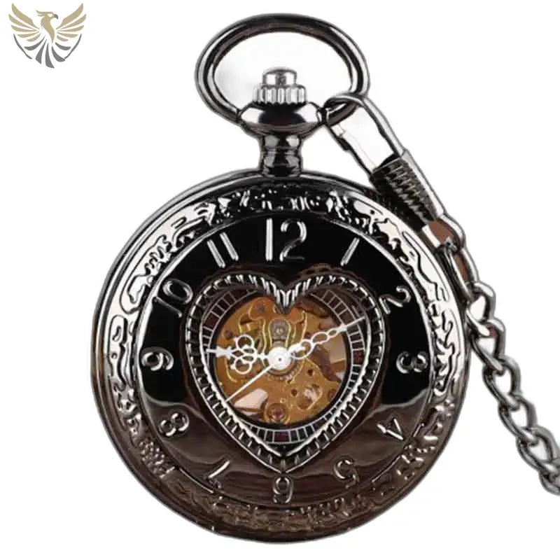 Montre Gousset Femme avec Mécanisme Manuel, montre gousset noire en cœur avec mécanisme visible