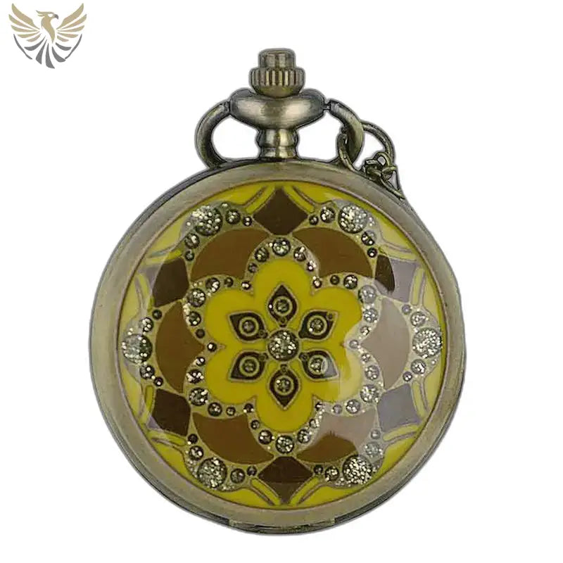 Montre Gousset Femme Coccinelle Jaune Orange Diamants avec motifs en jaune et marron