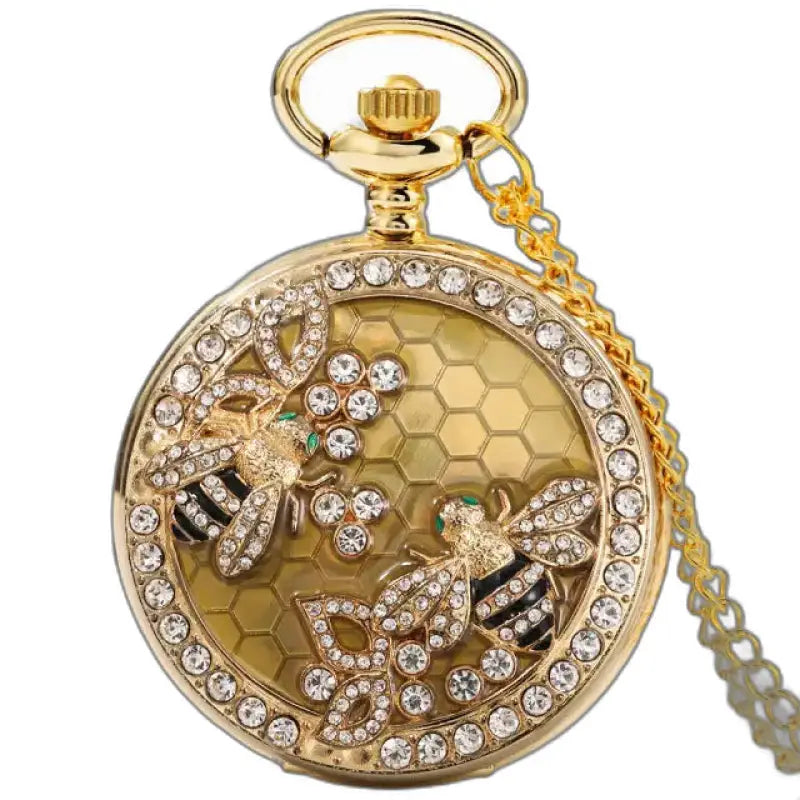 Montre Gousset Femme Collier Abeilles Chic Or avec design abeille et alvéole doré