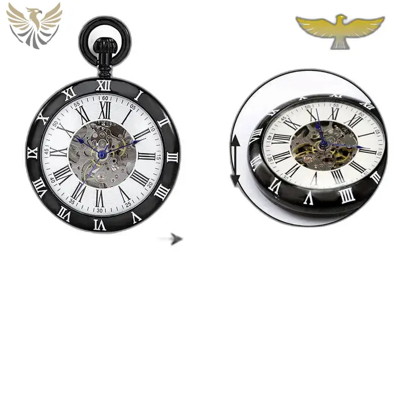 Montre Gousset Mécanique Classique Ouverte Noir avec un mécanisme visible et boîtier noir