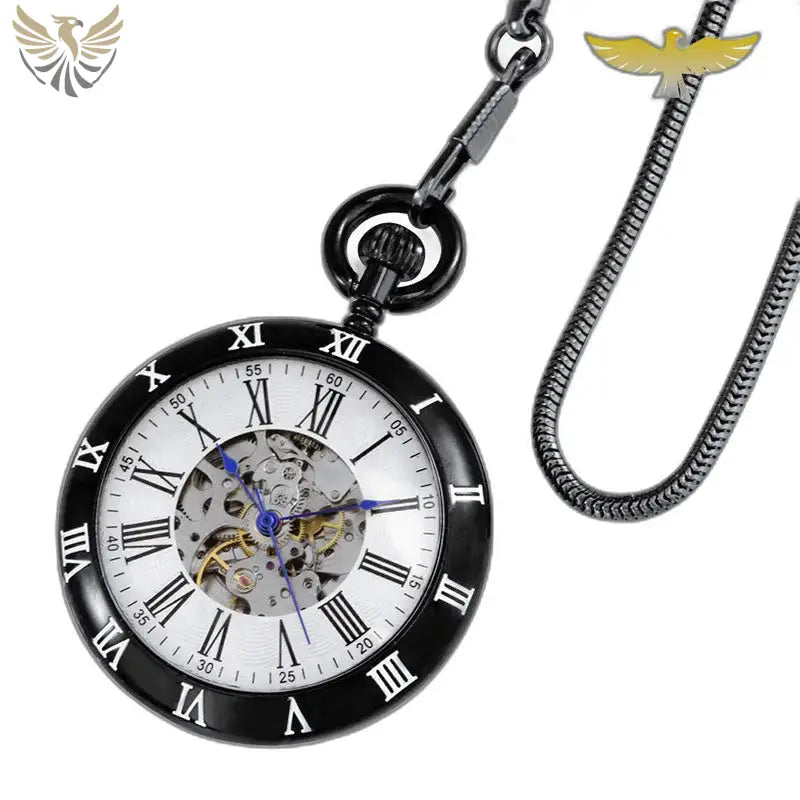 Montre Gousset Mécanique Classique Ouverte Noir avec chiffres romains et boîtier noir