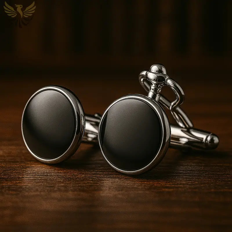 Cufflinks noirs et argent assortis à une Montre Gousset Mécanique Lisse Luxe Argent