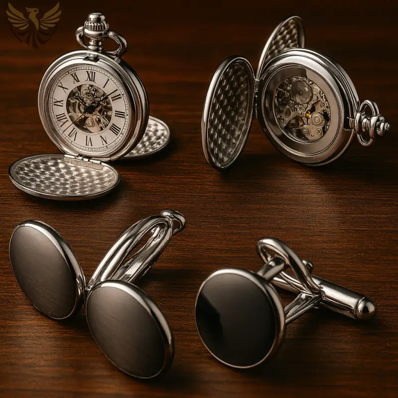 Montre Gousset Mécanique Lisse Mirror Luxe Argent avec montres et boutons de manchette