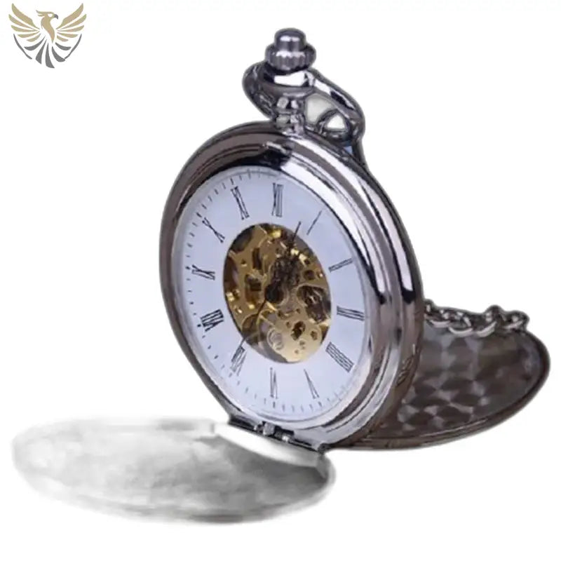 Montre Gousset Mécanique Luxe Noir Or avec chaîne dorée et mécanisme visible