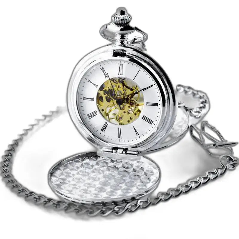 Montre Gousset Mécanique Luxe Noir Or avec chaîne dorée et cadran élégant en argent