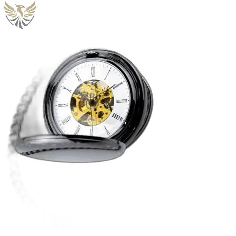 Montre Gousset Mécanique Luxe Noir Or avec chaîne dorée et design élégant