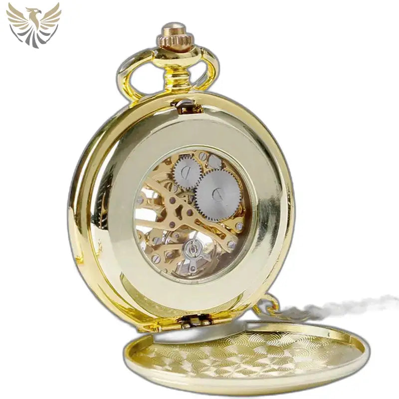 Montre Gousset Mécanique Luxe Noir Or avec chaîne dorée et design élégant