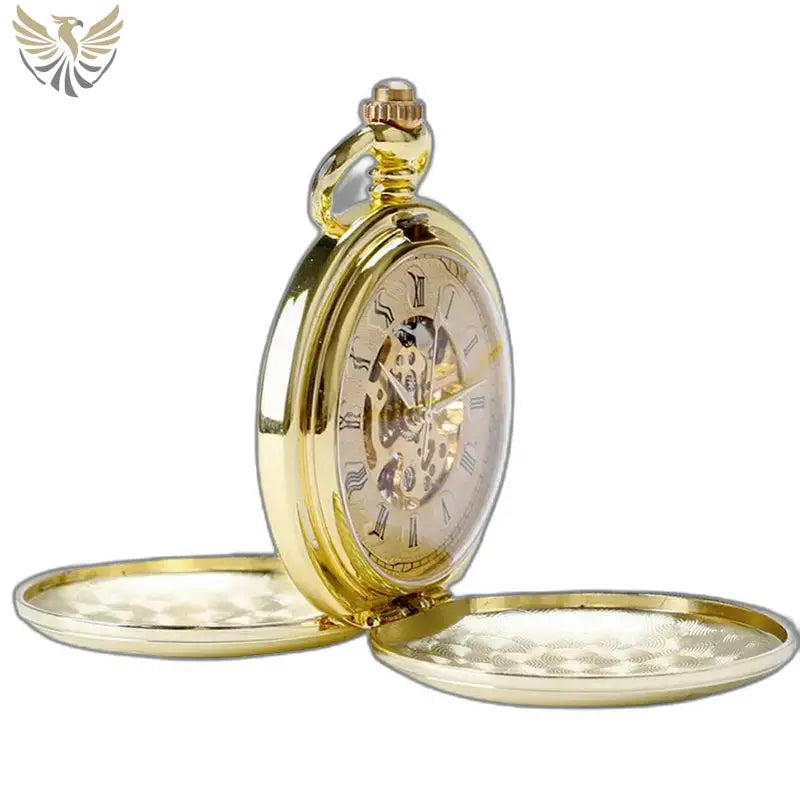 Montre Gousset Mécanique Luxe Noir Or avec chaîne dorée et design élégant